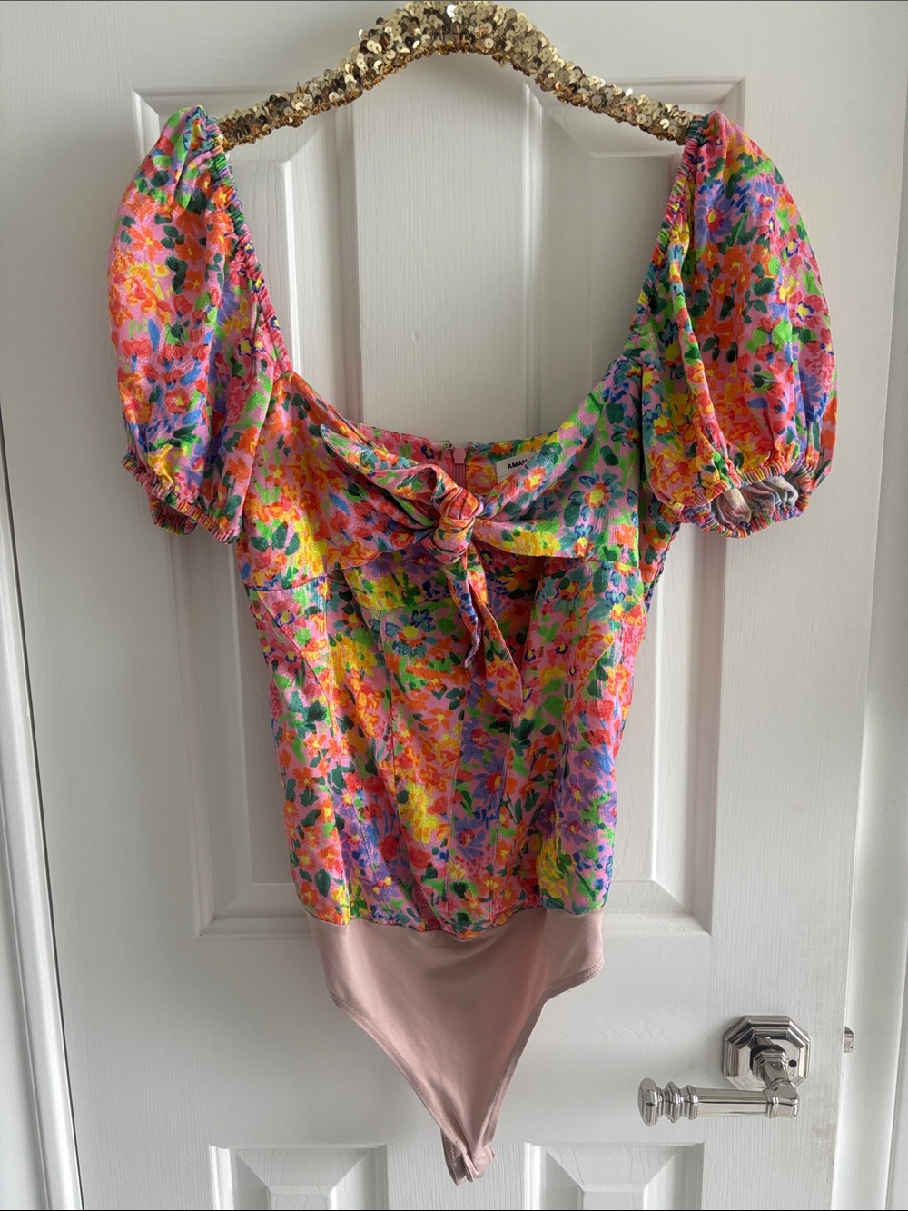 Amanda Uprichard Goldie Floral Tie- Front Puff Sleeve Bodysuit in Multicolor